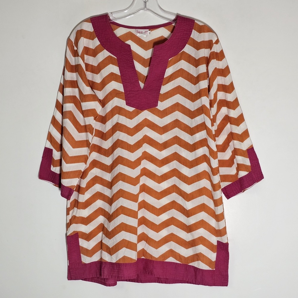 Top it Off Tunic Womens Small Yellow WhiteThree Quarter Sleeve V Neck Cotton
